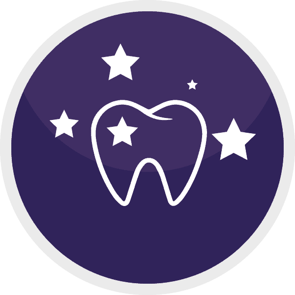 White tooth icon with stars on a dark blue circular background, representing dental health and dentistry services.